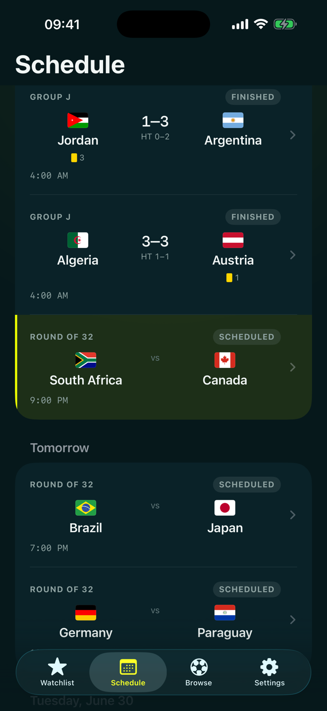 Schedule — every fixture with live scores and upcoming kickoffs